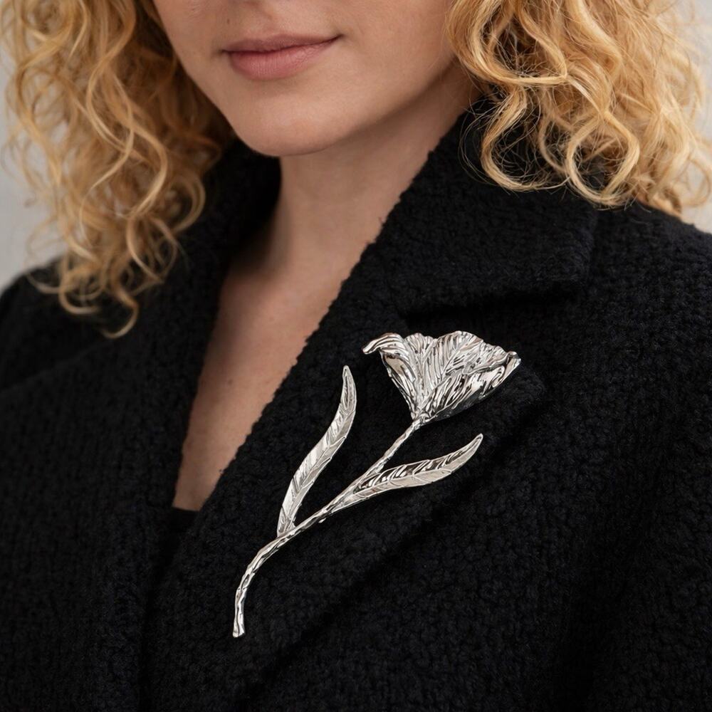 Zara Flower Tulip Pin Leaf Brooch Silver VTG Jumbo Statement Boho Stem Petal Y2K
